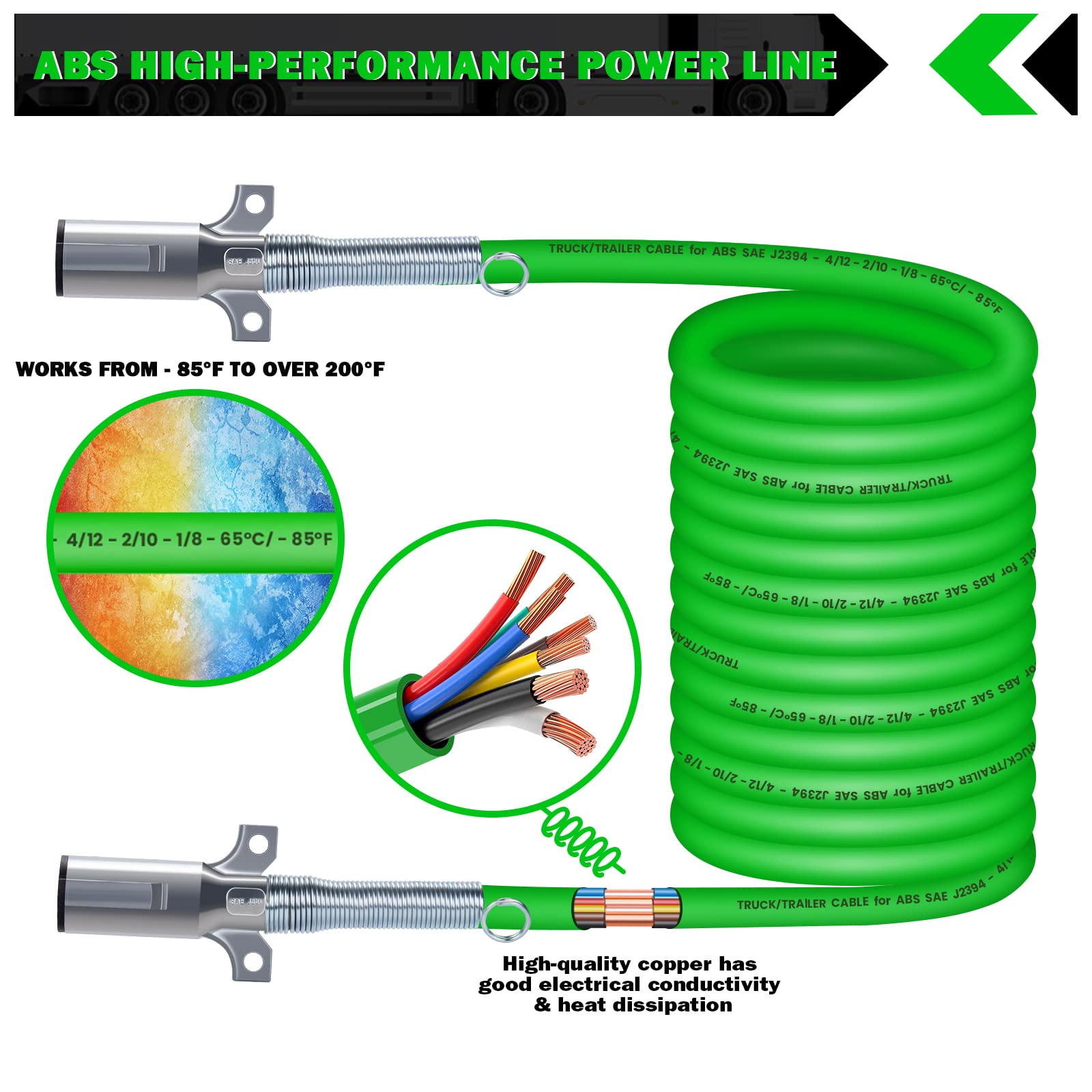 CheeMuii 7 Way Coiled Trailer Cord 12 FT Green ABS Electrical Power Coil Heavy Duty Cable Power Wire for Semi Trucks Trailer Tractors