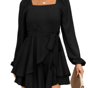 Womens Black Long Sleeve Dresses Mini Square Neck Semi Formal Funeral HOCO Fall Outfits XL