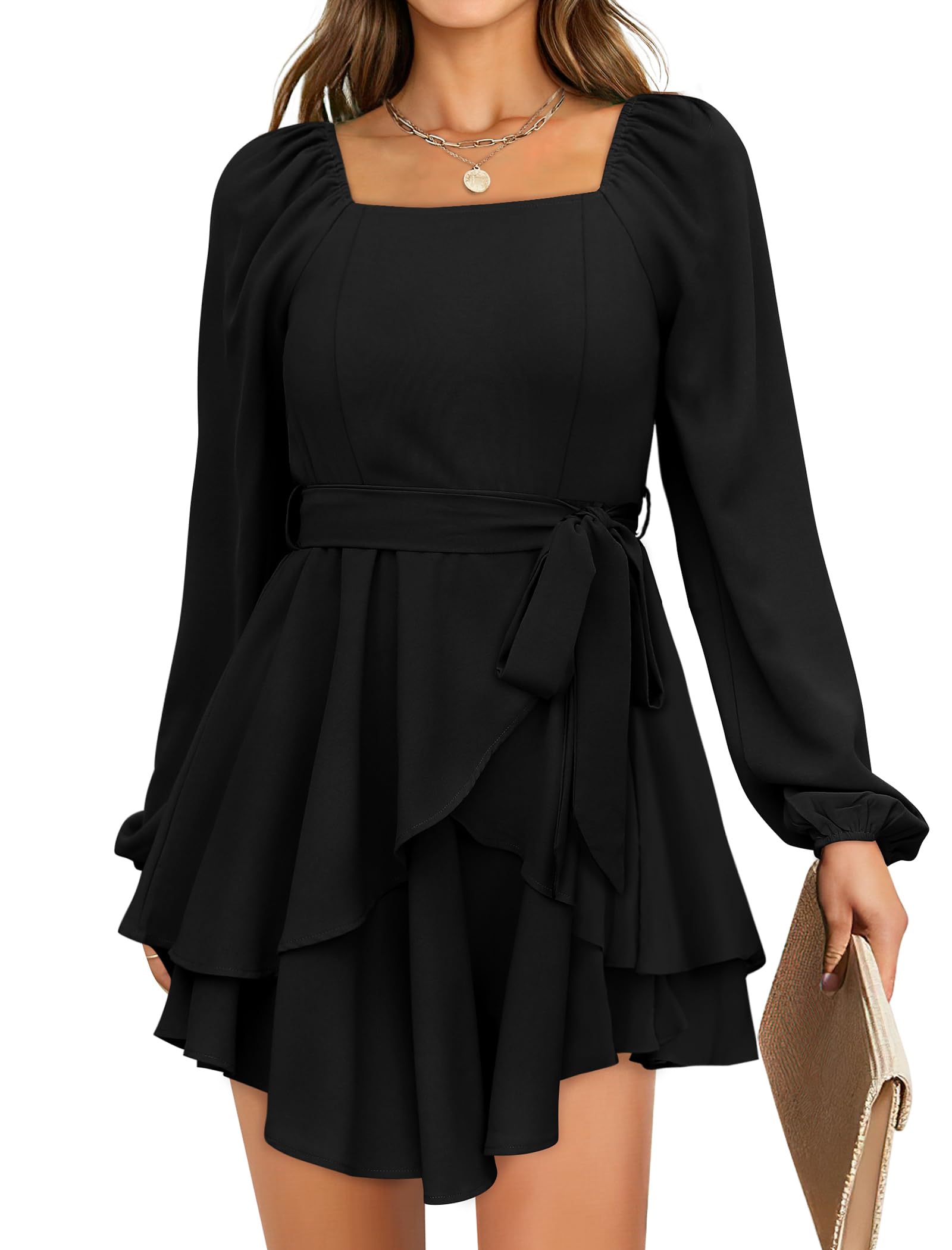 Womens Black Long Sleeve Dresses Mini Square Neck Semi Formal Funeral HOCO Fall Outfits XL