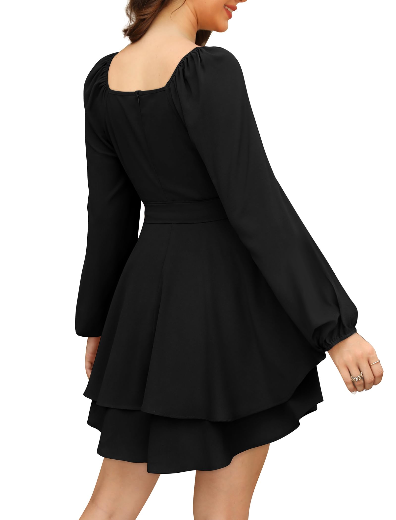 Womens Black Long Sleeve Dresses Mini Square Neck Semi Formal Funeral HOCO Fall Outfits XL