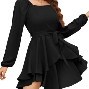 Womens Black Long Sleeve Dresses Mini Square Neck Semi Formal Funeral HOCO Fall Outfits XL