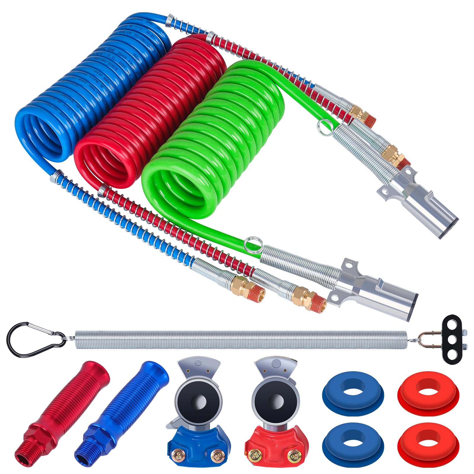 CheeMuii 15Ft Coiled Air Brake Hoses & ABS Electrical Power Wire Assembly with Tender Spring Kit and Gladhands & Handles 3 in 1 Semi Truck Air Lines Kit Include 7 Way Trailer Cord and Air Hoses