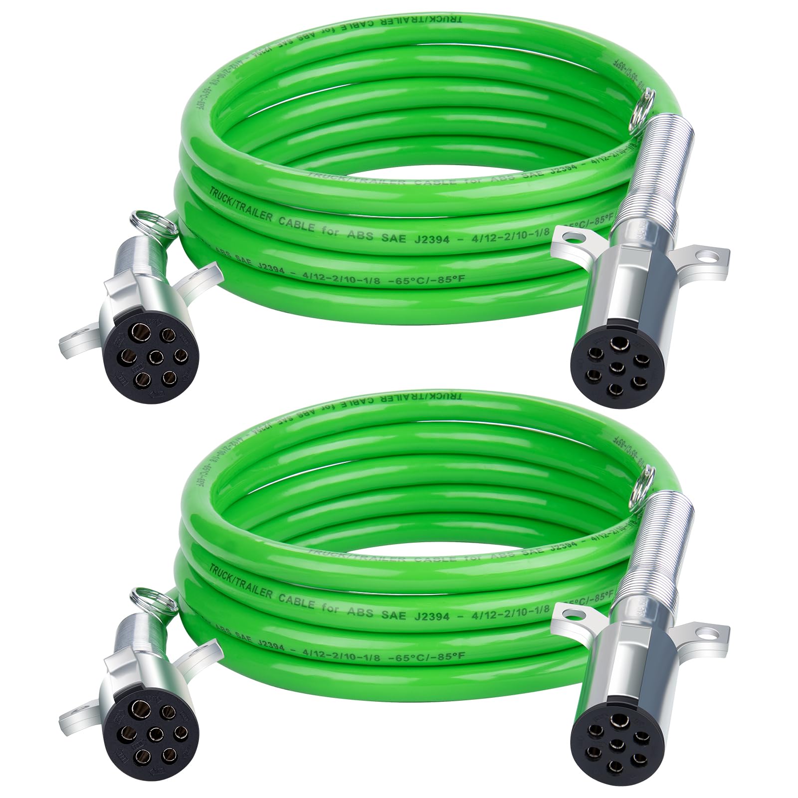 CheeMuii 2 Pack 7 Way Trailer Cord 12 FT ABS Electrical Power Cord Heavy Duty Green Straight Power Wire Cable for Semi Trucks Trailers Tractors