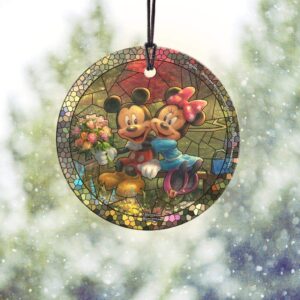 Trend Setters Disney – Mickey and Minnie – Sweetheart Central Park – Artwork by Thomas Kinkade Studios – 3.5” Starfire Prints Hanging Glass Print Accessory – Ideal for Gifting and Collecting