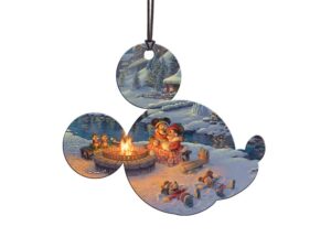 disney – mickey and minnie mouse - christmas lodge – thomas kinkade studios - 4” x 3.5” mickey ear shaped hanging acrylic print – officially licensed collectible