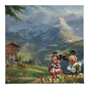 thomas kinkade studios disney mickey and minnie in the alps 14" x 14" gallery wrapped canvas