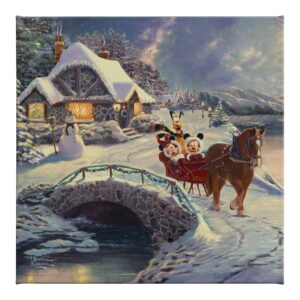 thomas kinkade studios mickey and minnie evening sleigh ride 14″ x 14″ gallery wrapped canvas