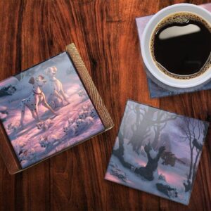 Disney – 101 Dalmatians on The Run – Pongo and Perdita’s Puppies – Thomas Kinkade Studios – Set of Four 4” x 4” Glass Coasters - Comes with Stylish Modern Wooden Coaster – for Gifting and Collecting