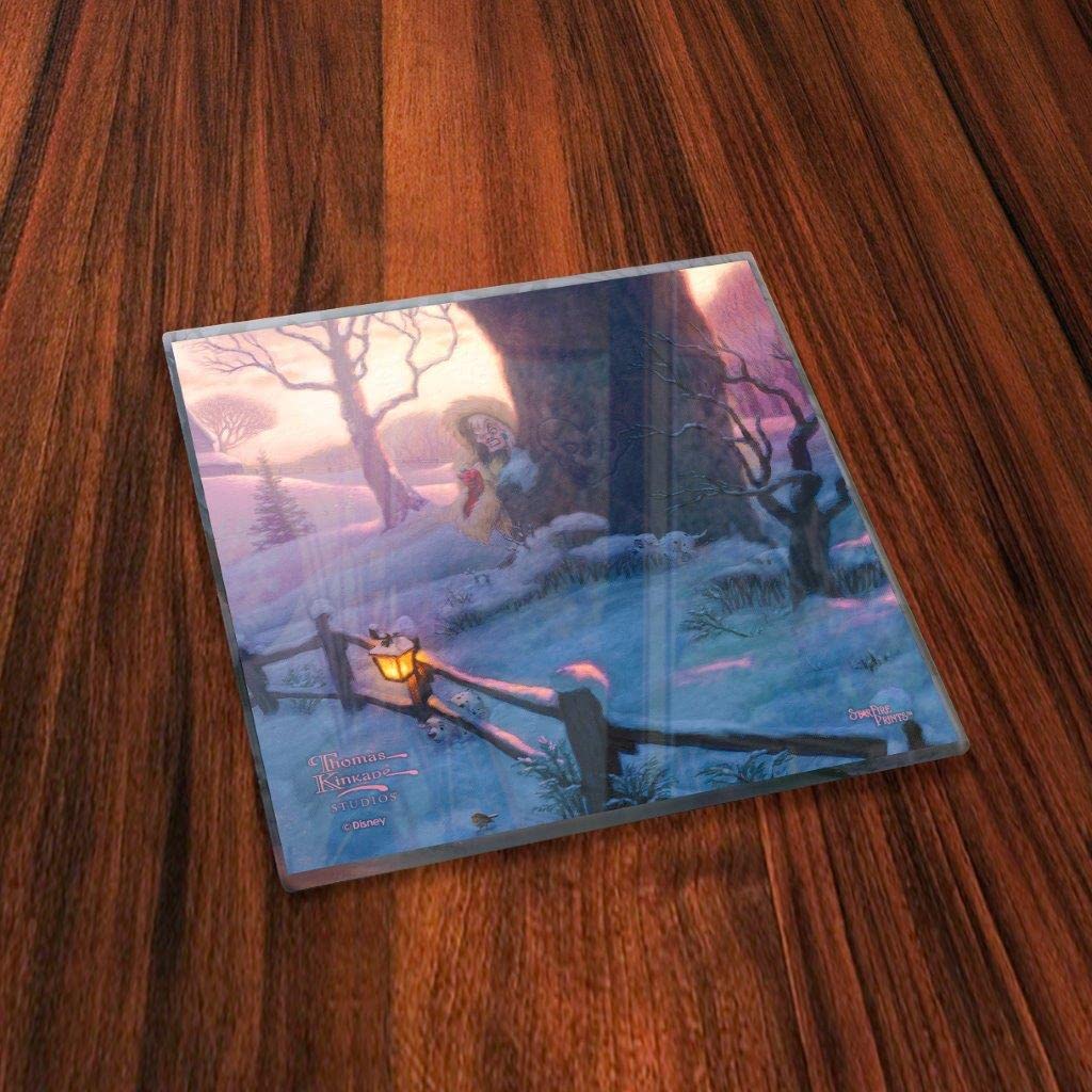 Disney – 101 Dalmatians on The Run – Pongo and Perdita’s Puppies – Thomas Kinkade Studios – Set of Four 4” x 4” Glass Coasters - Comes with Stylish Modern Wooden Coaster – for Gifting and Collecting