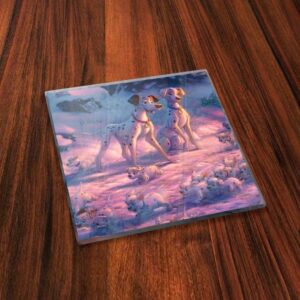 Disney – 101 Dalmatians on The Run – Pongo and Perdita’s Puppies – Thomas Kinkade Studios – Set of Four 4” x 4” Glass Coasters - Comes with Stylish Modern Wooden Coaster – for Gifting and Collecting