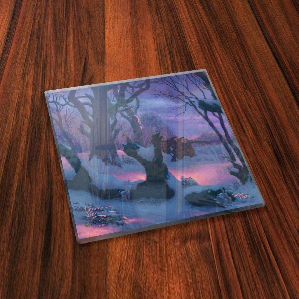 Disney – 101 Dalmatians on The Run – Pongo and Perdita’s Puppies – Thomas Kinkade Studios – Set of Four 4” x 4” Glass Coasters - Comes with Stylish Modern Wooden Coaster – for Gifting and Collecting