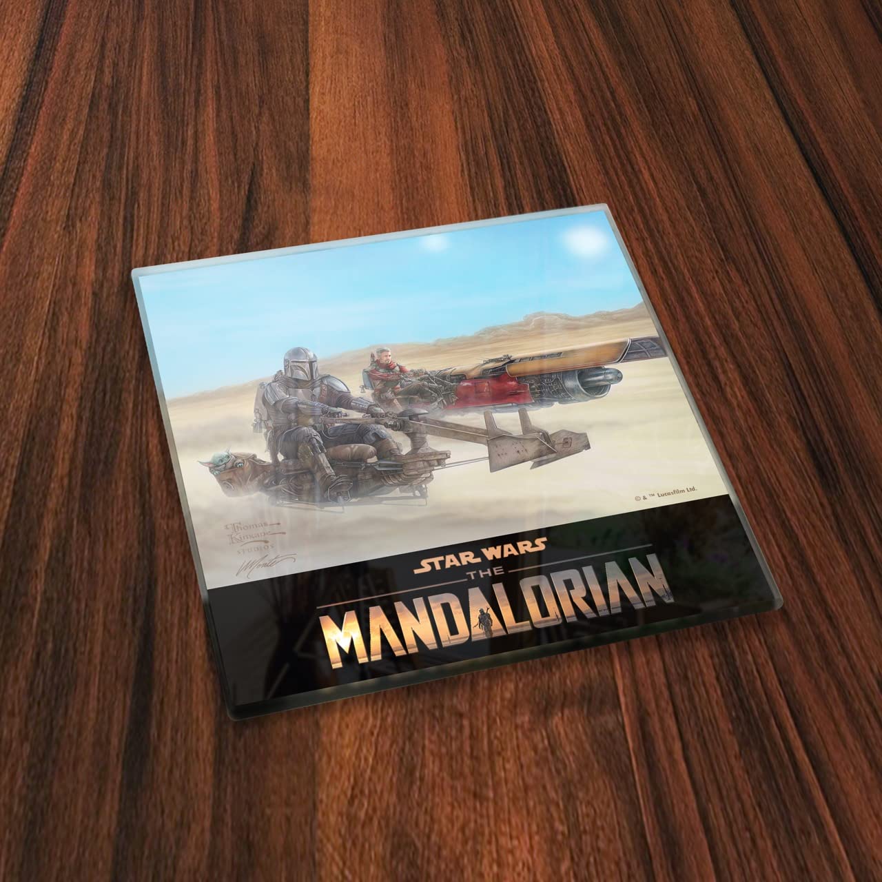 Star Wars – Mandalorian – The Child – Marshal – Razor Crest – Thomas Kinkade Studios – Set of Four 4” x 4” Glass Coasters - Comes with Stylish Modern Wooden Coaster – Officially Licensed Collectible