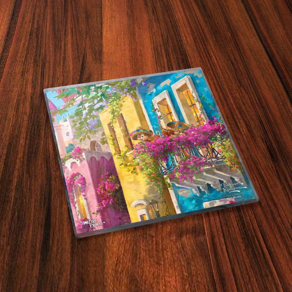 Disney – Mickey and Minnie Mouse in Mexico – Thomas Kinkade Studios – Set of Four 4” x 4” Glass Coasters - Comes with Stylish Modern Wooden Coaster – for Gifting and Collecting