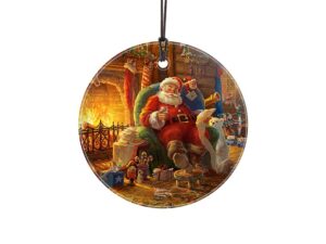 thomas kinkade - santa’s workshop - checking his list - 3.5” starfire prints hanging glass print accessory – officially licensed collectible | complimentary velveteen gift bag