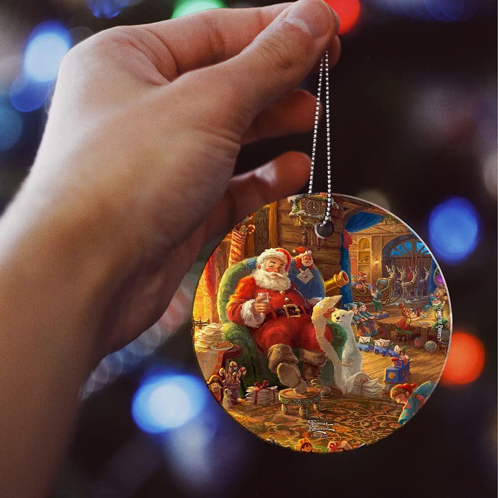 Thomas Kinkade - Santa’s Workshop - Checking His List - 3.5” Starfire Prints Hanging Glass Print Accessory – Officially Licensed Collectible | Complimentary Velveteen Gift Bag