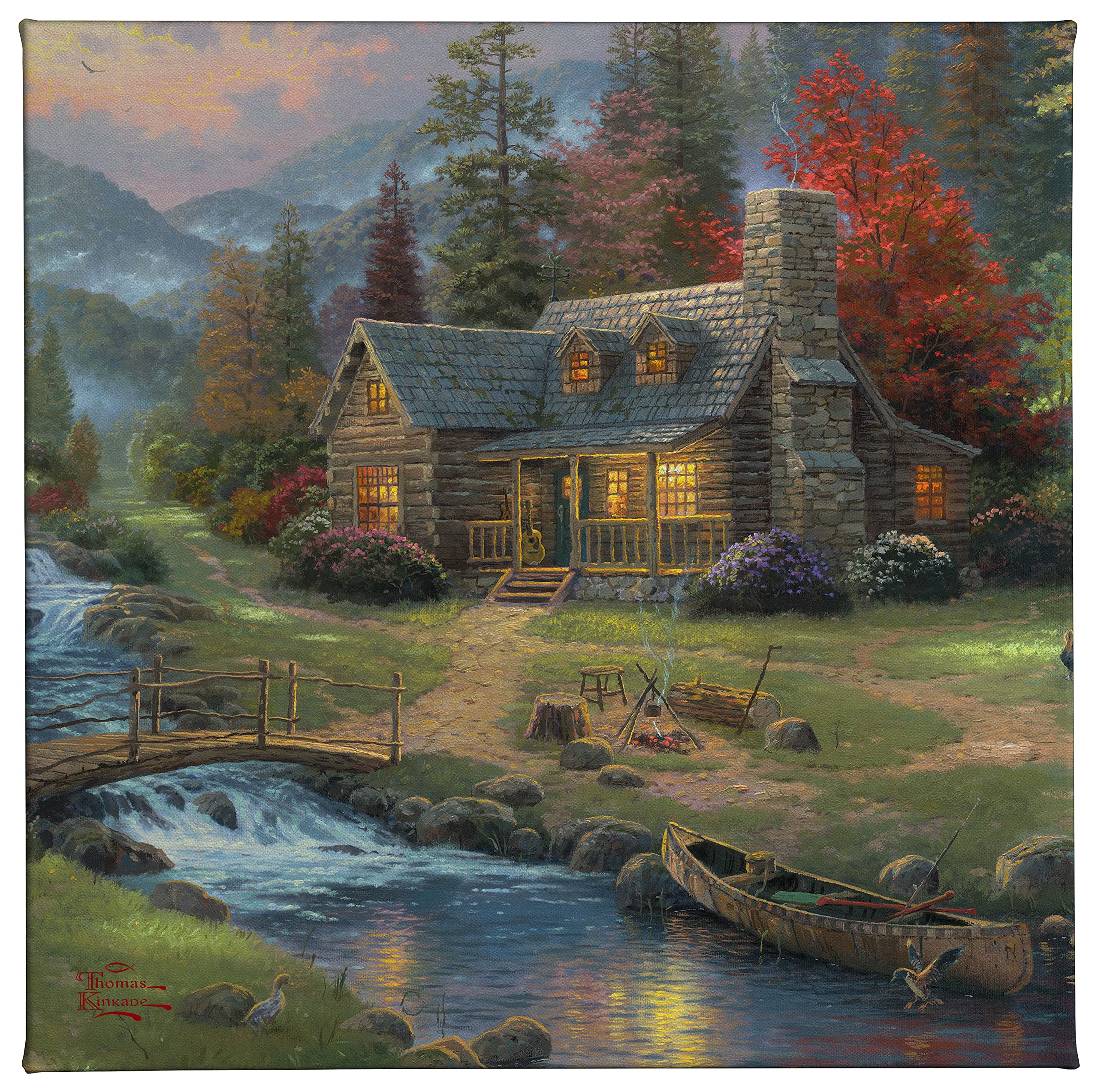 Thomas Kinkade Mountain Paradise 14" x 14" Gallery Wrapped Canvas Art | Frameless Room Wall Art | Certificate of Authenticity Included