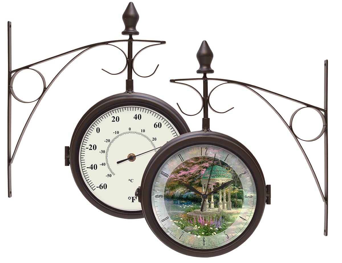 Mark Feldstein & Associates Thomas Kinkade Garden of Prayer Metal Station Clock and Thermometer, 14 Inch