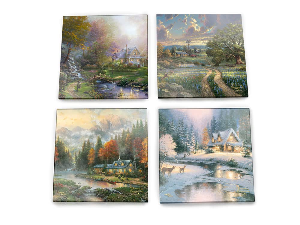 Thomas Kinkade - Seasons Scenes – Summer Spring Winter Fall - Set of Four 4” x 4” Glass Coasters - Comes with Stylish Modern Wooden Coaster – for Gifting and Collecting