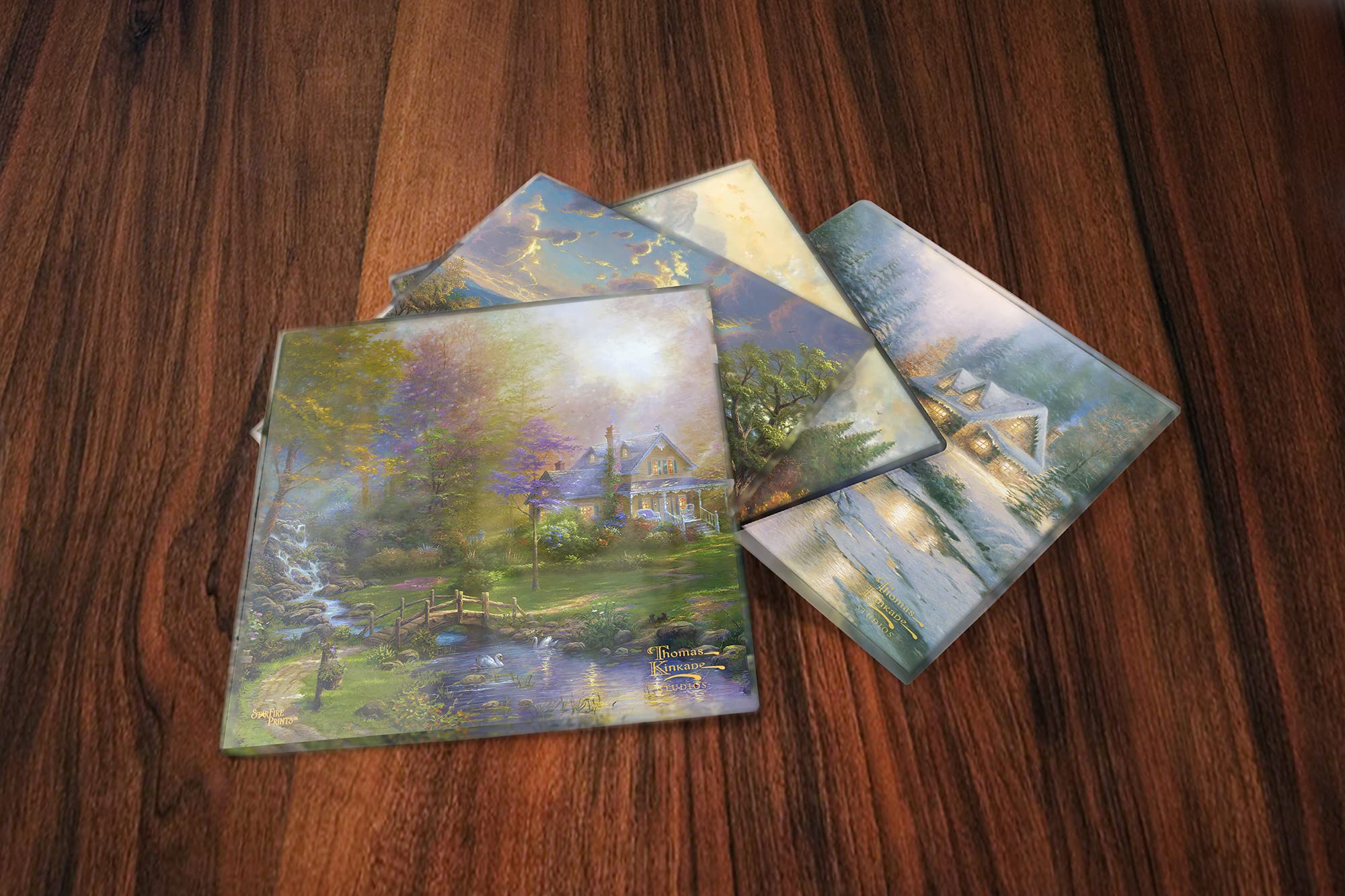 Thomas Kinkade - Seasons Scenes – Summer Spring Winter Fall - Set of Four 4” x 4” Glass Coasters - Comes with Stylish Modern Wooden Coaster – for Gifting and Collecting