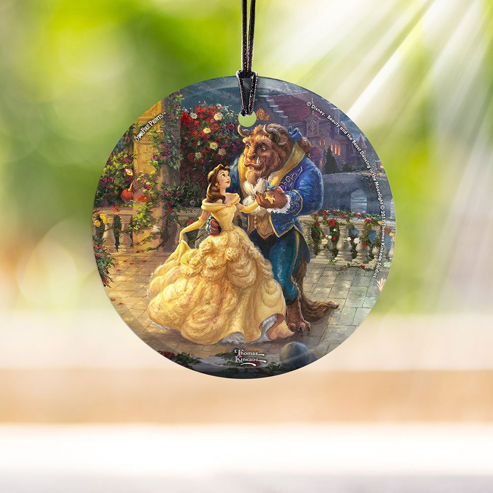 Trend Setters Thomas Kinkade Disney Dancing in The Moonlight Beauty and The Beast 3.5” Starfire Prints Hanging Glass Print Accessory