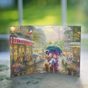 Disney Mickey and Minnie Mouse – Thomas Kinkade Paris France - 10 X 7 Curved Acrylic Photo Print – Free Standing Light Catching Photo Décor