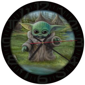 mark feldstein & associates thomas kinkade star wars the mandalorian child's play grogu glass wall clock, 12 inch