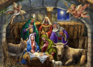 vermont christmas company box of 'in the manger' christmas cards - 15 cards & 16 foil envelopes