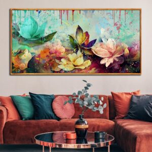 Flower Wall Art for Living Room, Framed Floral Canvas Wall-Art for Bedroom, Watercolor Lotus Print Painting, Large Size 60x30 Inches