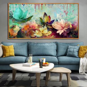 Flower Wall Art for Living Room, Framed Floral Canvas Wall-Art for Bedroom, Watercolor Lotus Print Painting, Large Size 60x30 Inches