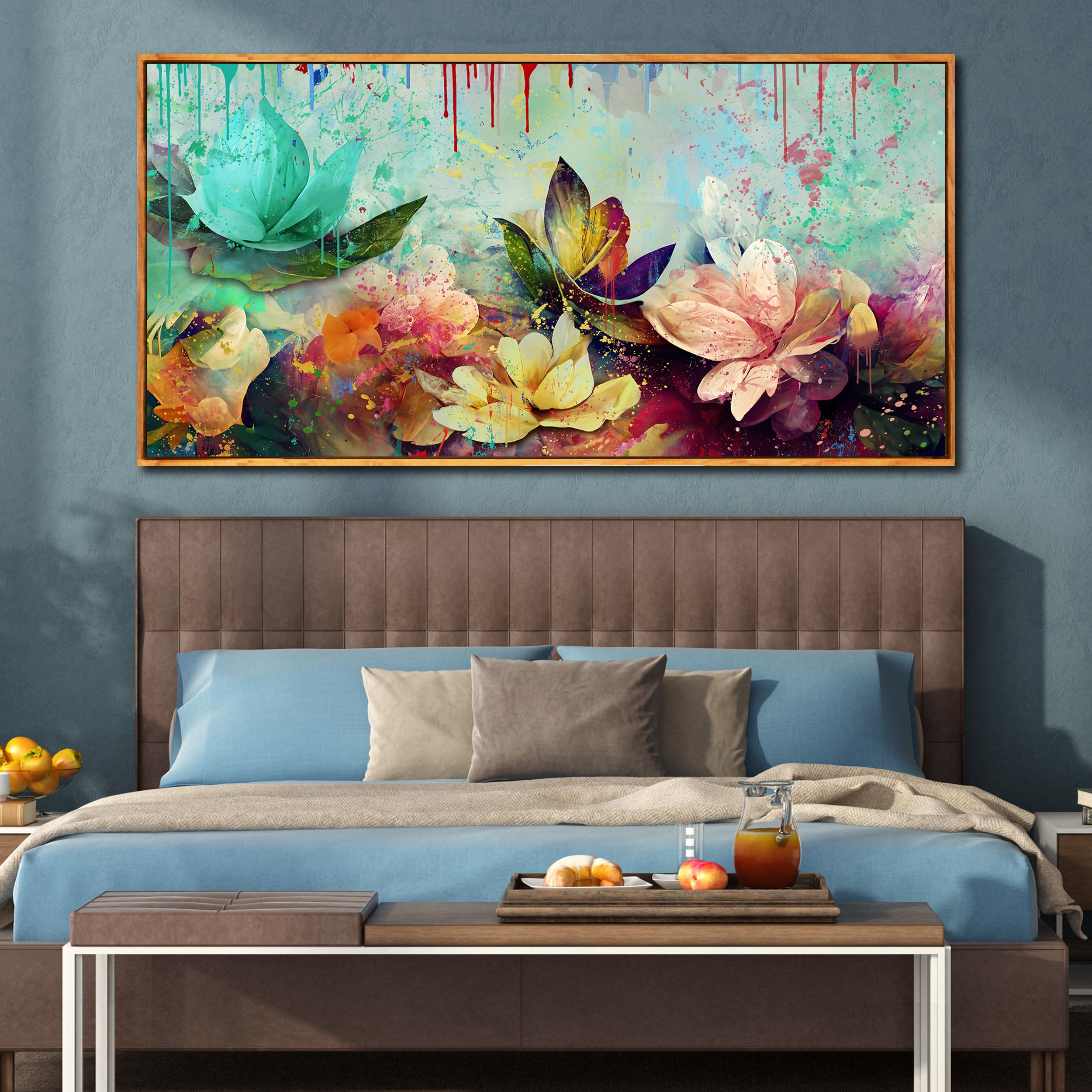 Flower Wall Art for Living Room, Framed Floral Canvas Wall-Art for Bedroom, Watercolor Lotus Print Painting, Large Size 60x30 Inches