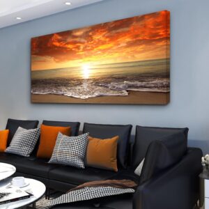 Baisuart S0162 Canvas Prints Wall Art Sunset Ocean Beach Pictures Photo Paintings for Living Room Bedroom Home Decorations Stretched and Framed Seascape Waves Landscape Giclee Artwork 30x60inch