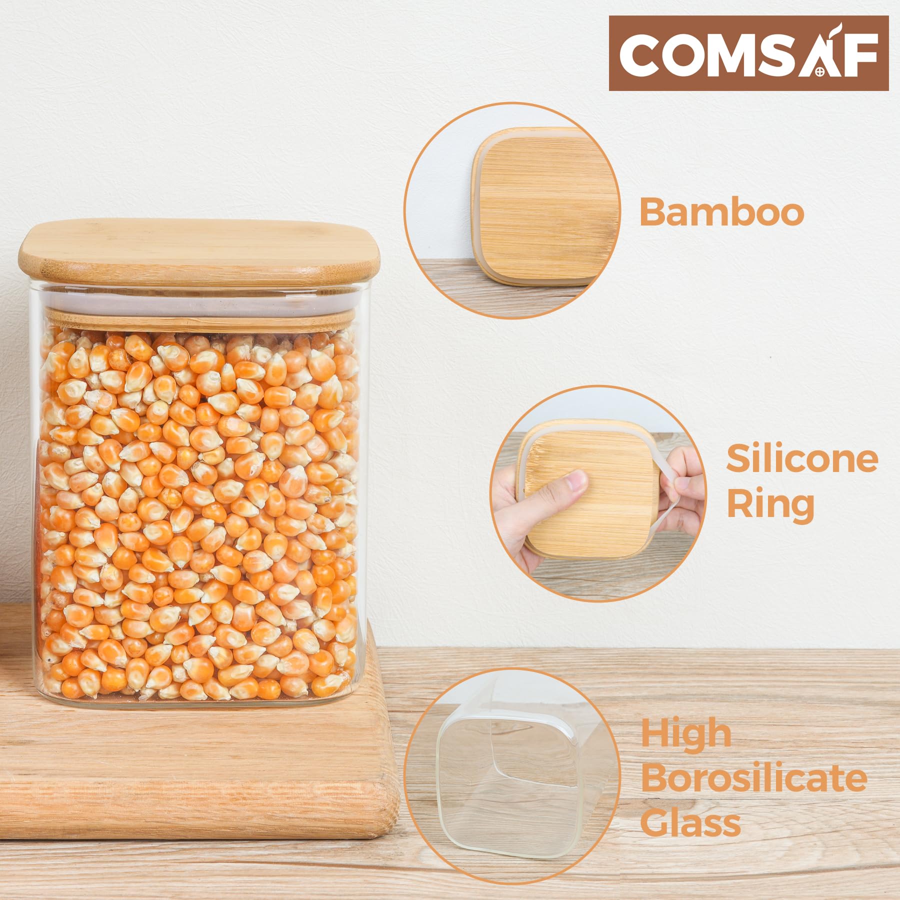 ComSaf 27 oz Glass Food Storage Jars Set of 6, Clear Storage Containers with Airtight Bamboo Lid, Pantry Organization Jar, Spice, Blooming Tea, Coffee and Sugar Container, Canister Set for Kitchen