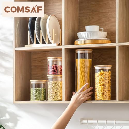 ComSaf Food Storage Container with Airtight Bamboo Lid Set of 6, Clear Glass Canister Food Jar with Sealing Lid Kitchen Pantry Storage Container for Sugar Flour Cereal Pasta Snack Coffee Beans