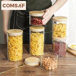 ComSaf Food Storage Container with Airtight Bamboo Lid Set of 6, Clear Glass Canister Food Jar with Sealing Lid Kitchen Pantry Storage Container for Sugar Flour Cereal Pasta Snack Coffee Beans