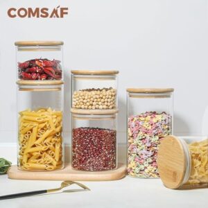 ComSaf Food Storage Container with Airtight Bamboo Lid Set of 6, Clear Glass Canister Food Jar with Sealing Lid Kitchen Pantry Storage Container for Sugar Flour Cereal Pasta Snack Coffee Beans