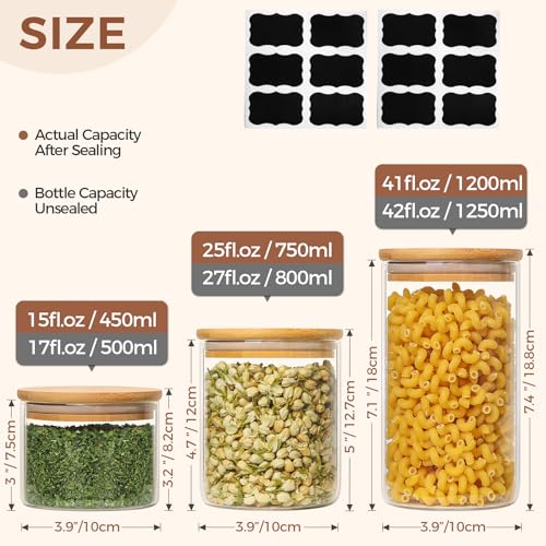 ComSaf Food Storage Container with Airtight Bamboo Lid Set of 6, Clear Glass Canister Food Jar with Sealing Lid Kitchen Pantry Storage Container for Sugar Flour Cereal Pasta Snack Coffee Beans