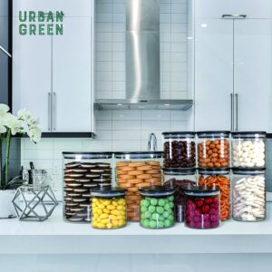 Urban Green Glass Jars with Black Lids, Glass food storage sets with airtight black lids, Glass Canisters Sets with Bamboo Lids (3 Sets of 20oz + 3 Sets of 30oz)