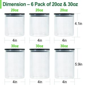 Urban Green Glass Jars with Black Lids, Glass food storage sets with airtight black lids, Glass Canisters Sets with Bamboo Lids (3 Sets of 20oz + 3 Sets of 30oz)