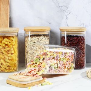 40oz Glass Food Storage Jars with Bamboo Lids, Clear Square Airtight Kitchen Storage Container Sets, Stackable Glass Pantry Food Canisters for kitchen Counter, Candy, Cookie, Rice, Cereal (Set of 4)