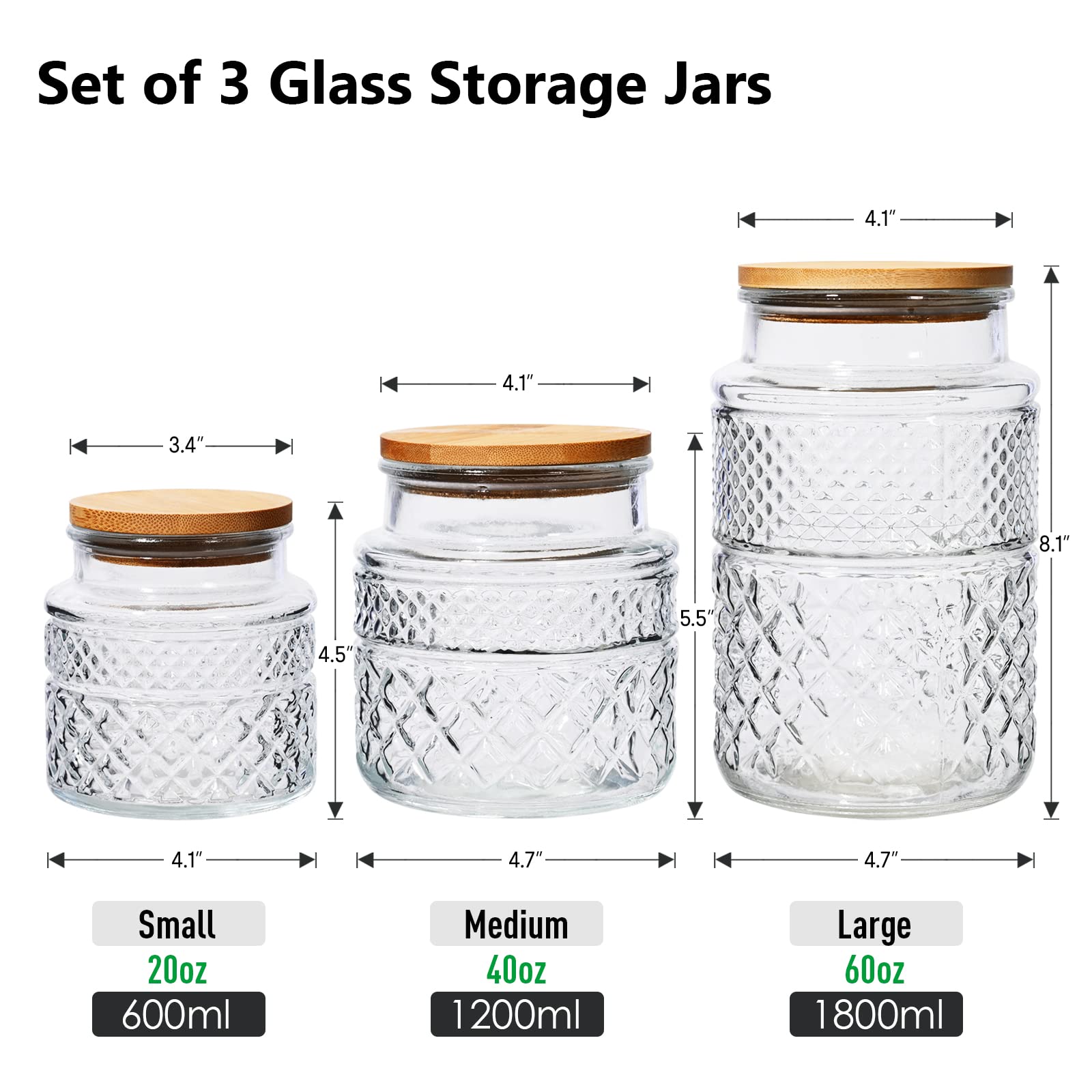 Glass Storage Jars, Kitchen Food Containers with Bamboo Lids, Airtight Embossed Mason Jar, Decorative Cereal Canisters for Candy Snack Cookies Coffee Tea Nuts Bean Countertop(Set of 3,20/40/60)