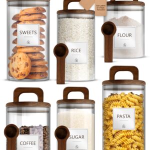 BELLE TERRE Premium Glass Jar Set - 6 Canisters with Airtight Natural Acacia Lids, Custom Labels & Spoons - Food Storage Containers & Pantry Organization - 17oz, 25oz, 34oz - Transparent, Durable