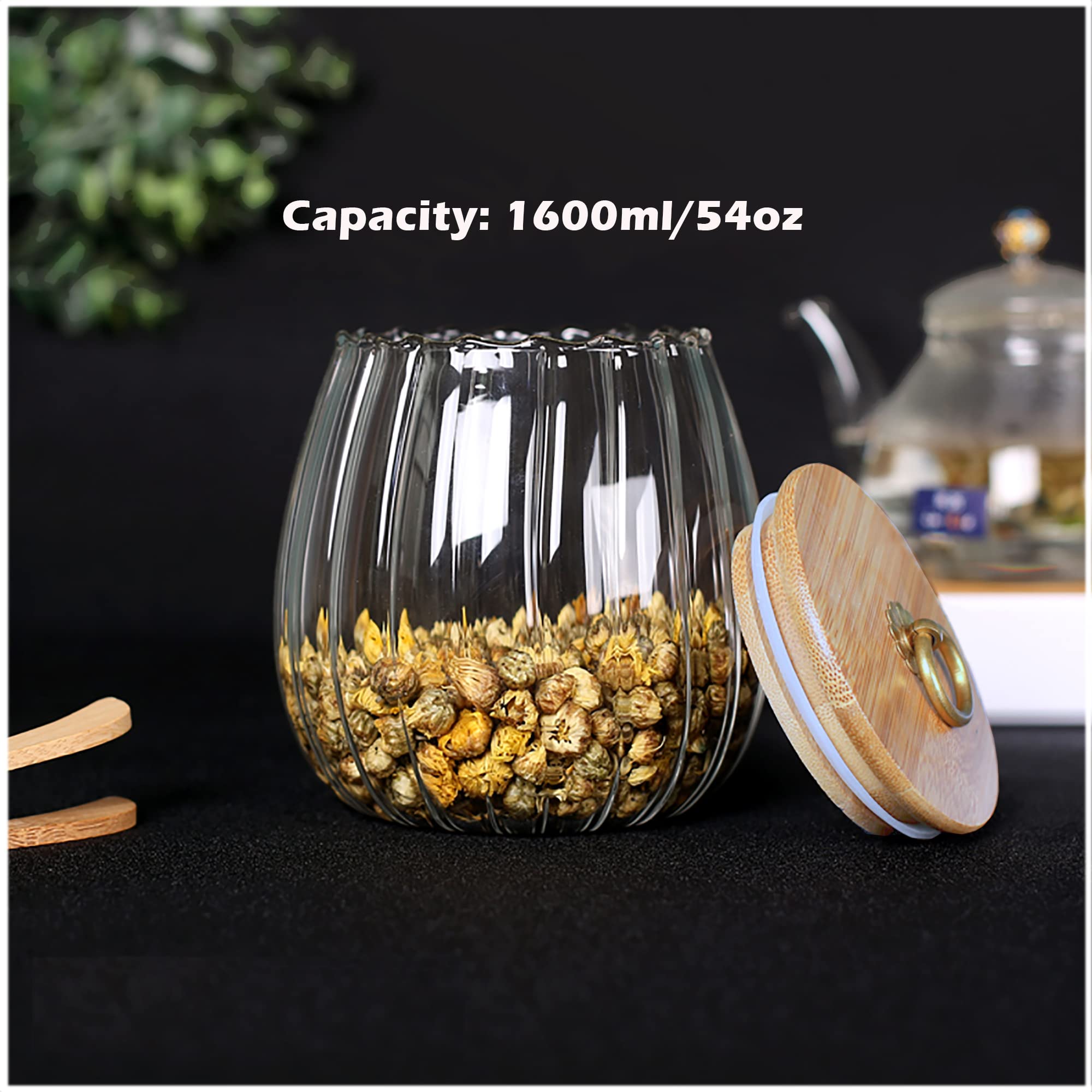 FANTESTICRYAN Glass Coffee Nuts Canister Airtight Storage Jar Petal Decorative Container with Bamboo Lid Metal Handle Easy to Grasp 1600ml, 54 FL OZ (Large Oval)