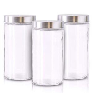 Glass Jars for Kitchen – Set of 3 Large Food Storage Containers – 60Oz Storage Jars with Metallic Lids – Multipurpose Glass Containers for Snacks, Coffee, Pet Treats – Screw-On Lid