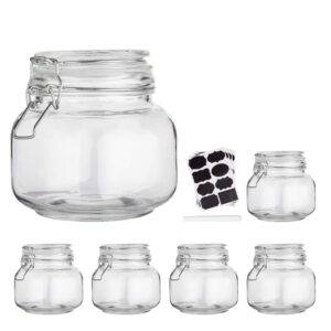 Glass Kitchen Storage Canister Mason Jars with Lids,25oz Airtight Glass Canister with Hinged Lid，Perfect for Kitchen Canning Cereal,Pasta,Sugar,Beans (Labels & Chalk Marker)-Set of 6