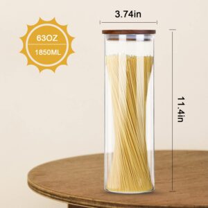 Vensp Tall Borosilicate Glass Food Storage Jar for Spaghetti,Spaghetti Container(63 Floz), Noodle Holder Storage Sealed Container with Wooden Lid,Airtight Clear Glass Kitchen Canister Wood Lid