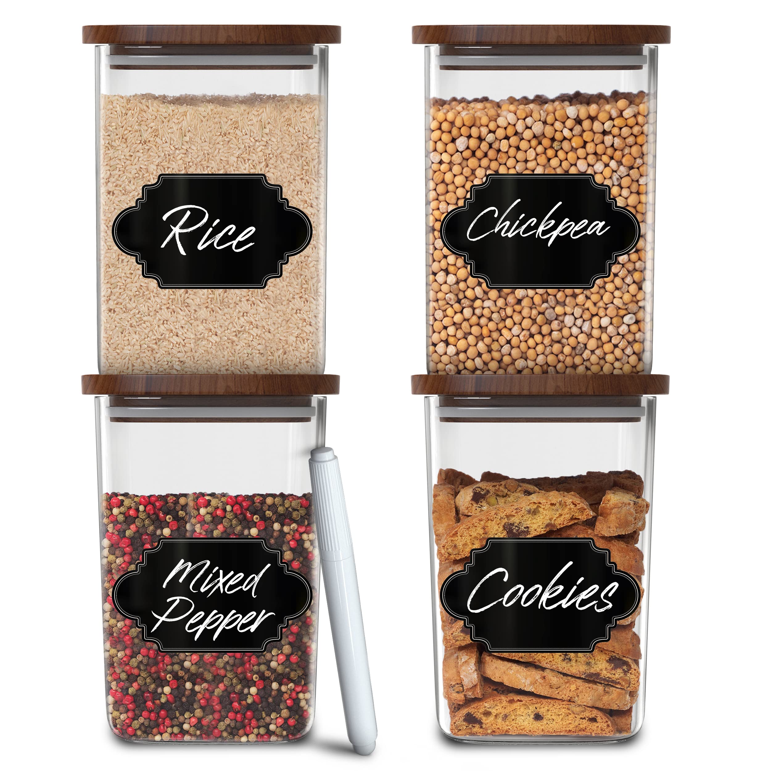 Essos Square Glass Jars with Wood Lids Set of (4) 36 fl oz Airtight and Stackable Storage Containers for Kitchen Pantry or Bathroom BPA Free and Recyclable Canister for Food Cookies Coffee Pasta Sugar