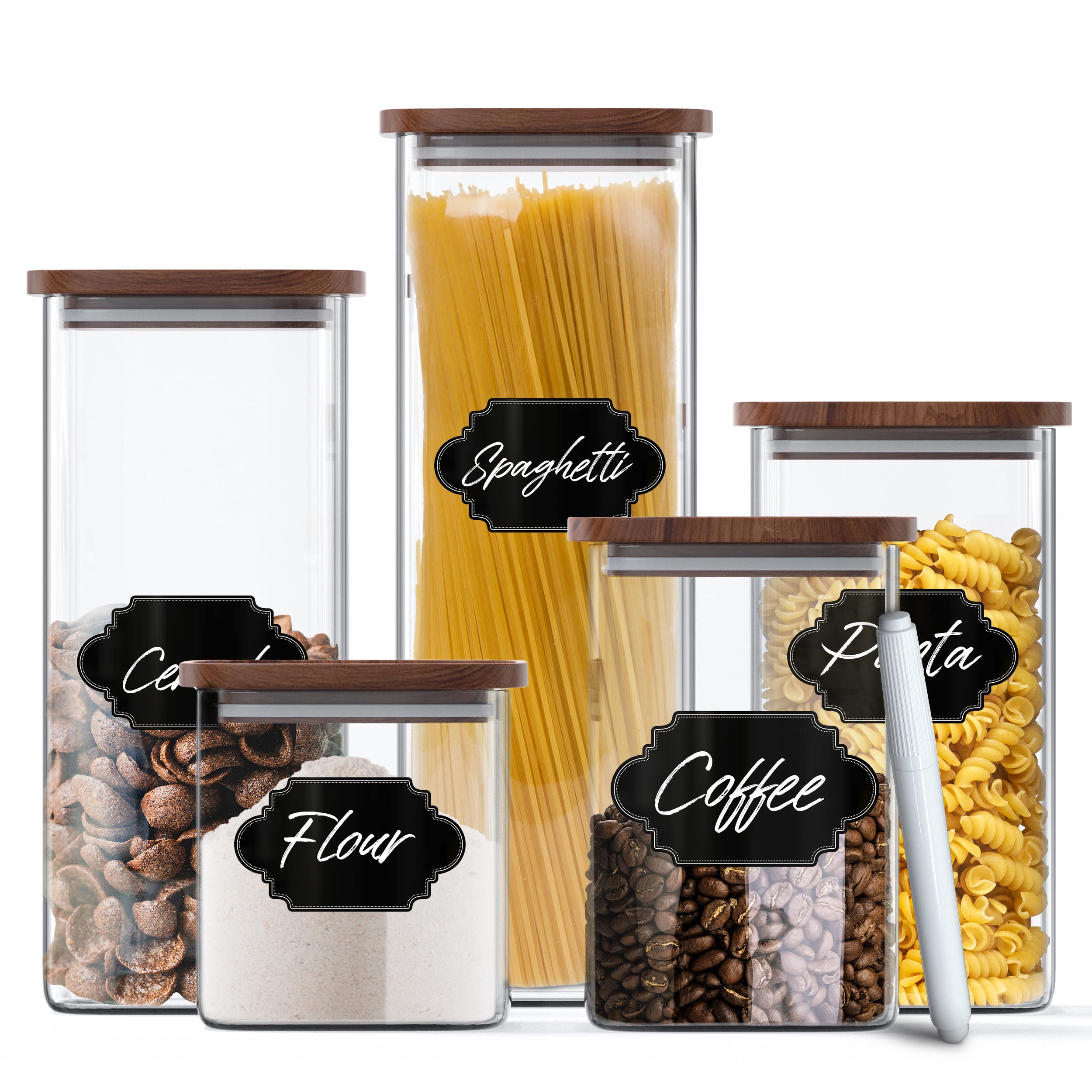 Essos Square Glass Jars with Wood Lids Set of (4) 36 fl oz Airtight and Stackable Storage Containers for Kitchen Pantry or Bathroom BPA Free and Recyclable Canister for Food Cookies Coffee Pasta Sugar