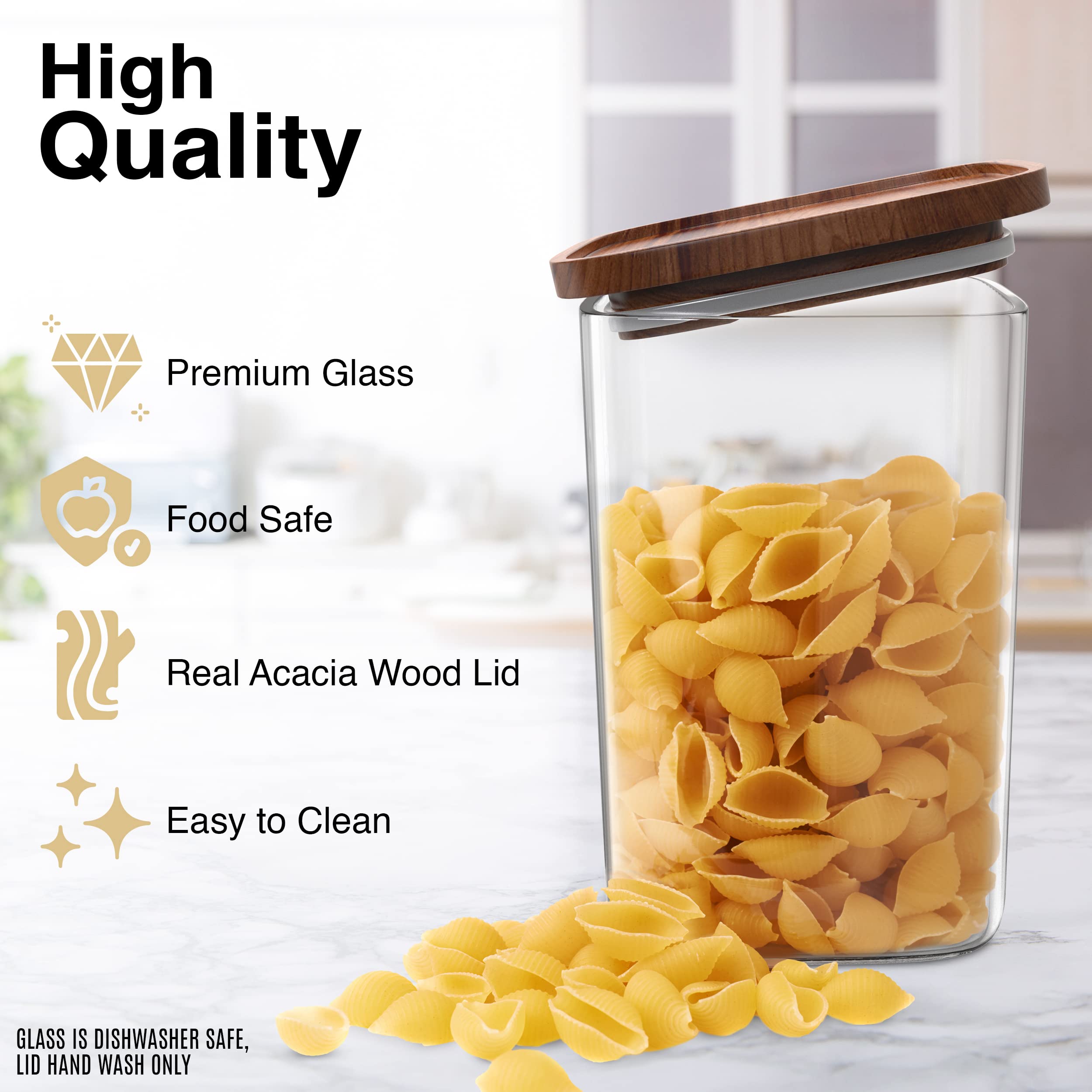 Essos Square Glass Jars with Wood Lids Set of (4) 36 fl oz Airtight and Stackable Storage Containers for Kitchen Pantry or Bathroom BPA Free and Recyclable Canister for Food Cookies Coffee Pasta Sugar