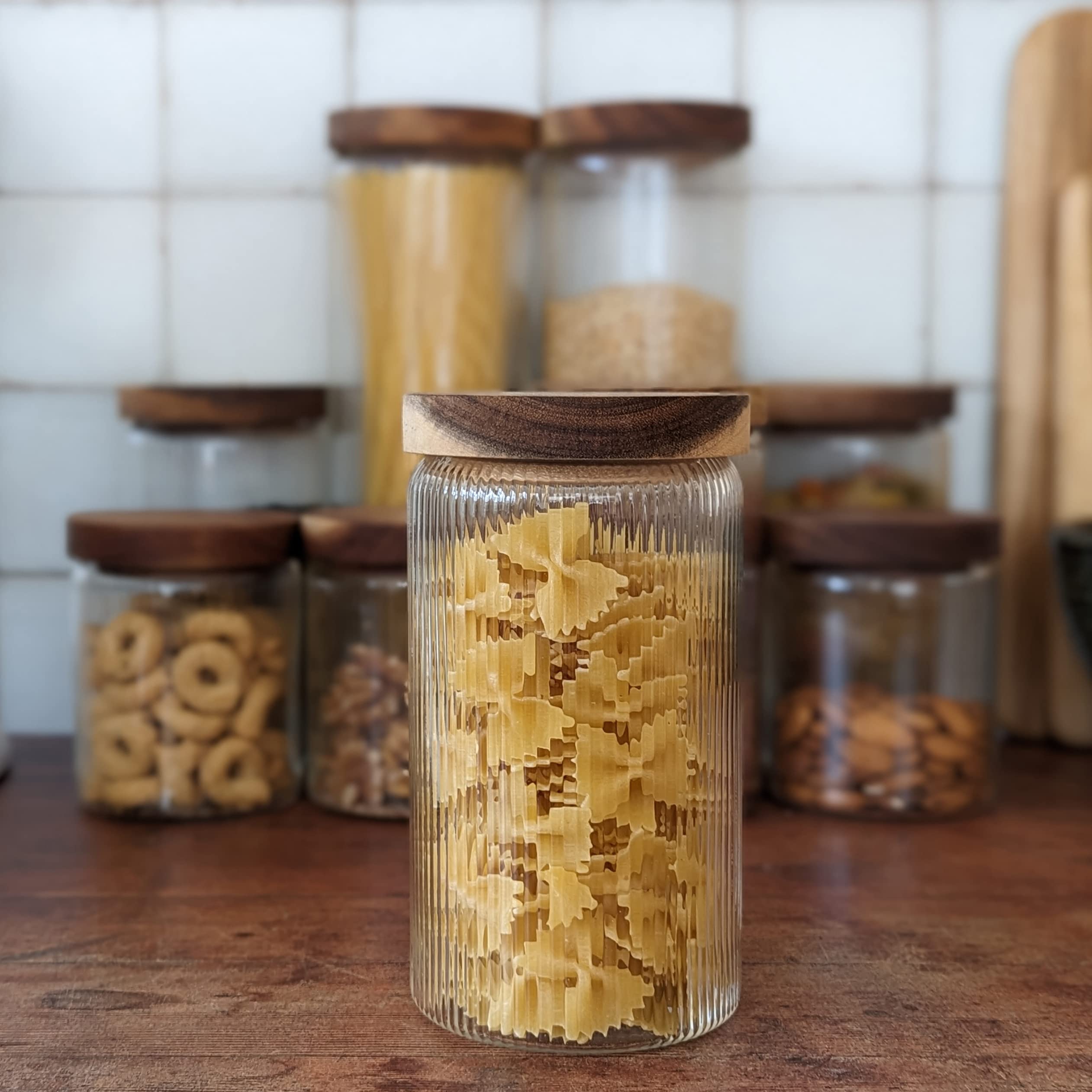 Mason & Fable Ribbed Glass Jars with Wooden Lid 27 fl oz- Set of 3 | Airtight Fluted Storage Container for Pasta, Coffee, Candy, Dog Treats, Snacks | Glass Organization Canisters for Home & Kitchen