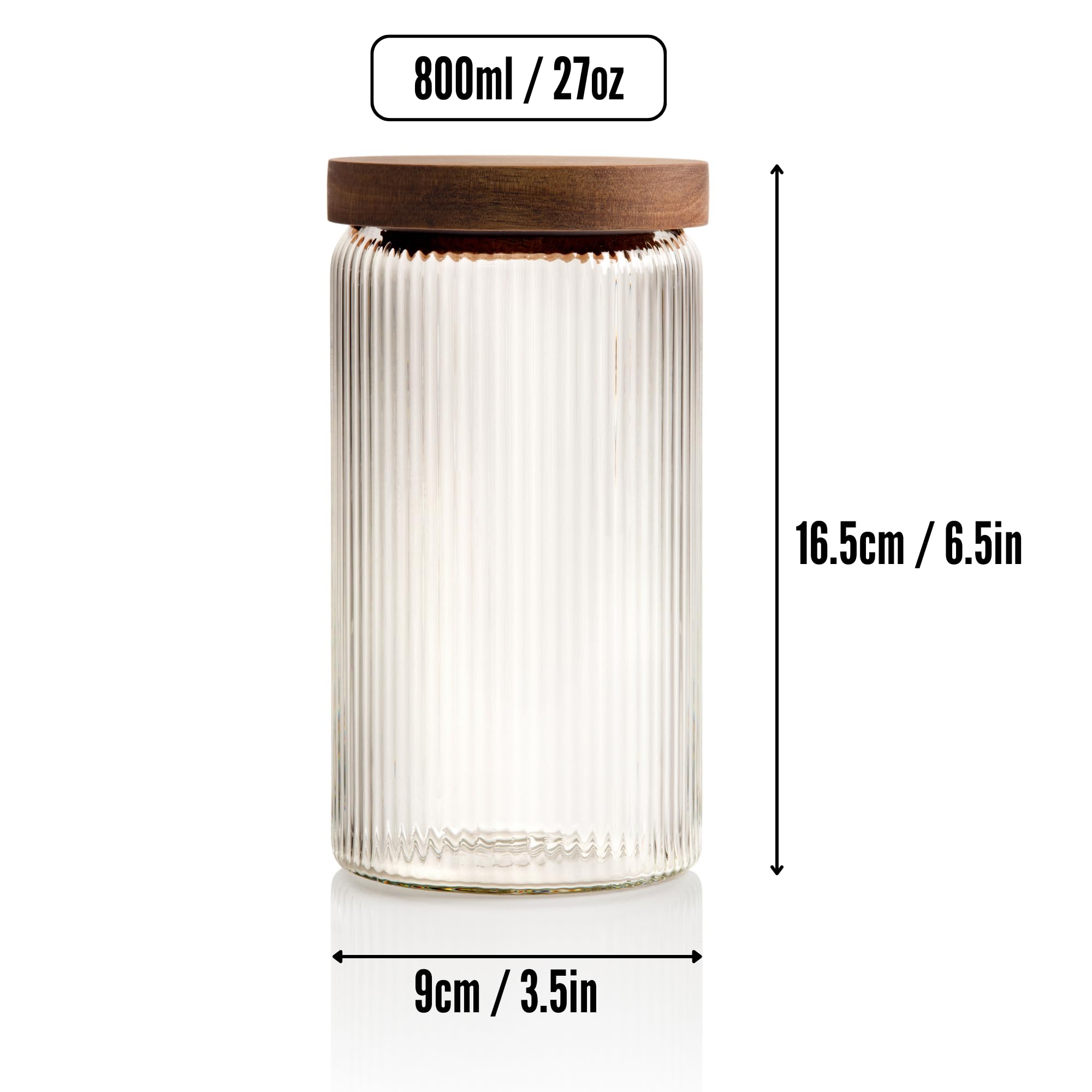 Mason & Fable Ribbed Glass Jars with Wooden Lid 27 fl oz- Set of 3 | Airtight Fluted Storage Container for Pasta, Coffee, Candy, Dog Treats, Snacks | Glass Organization Canisters for Home & Kitchen